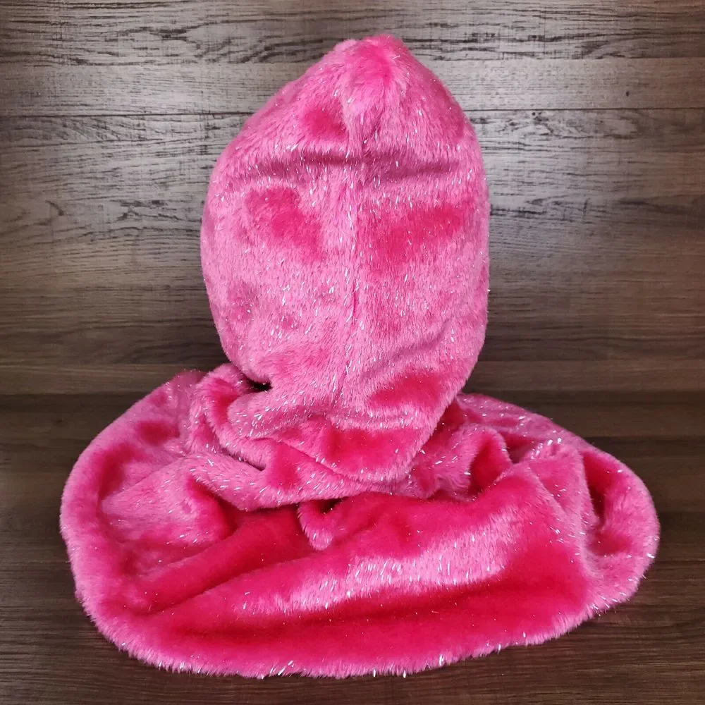 Pink Fur Hooded Cape‎ Youth Kids Silver Lurex White Fleece Lined Costume New